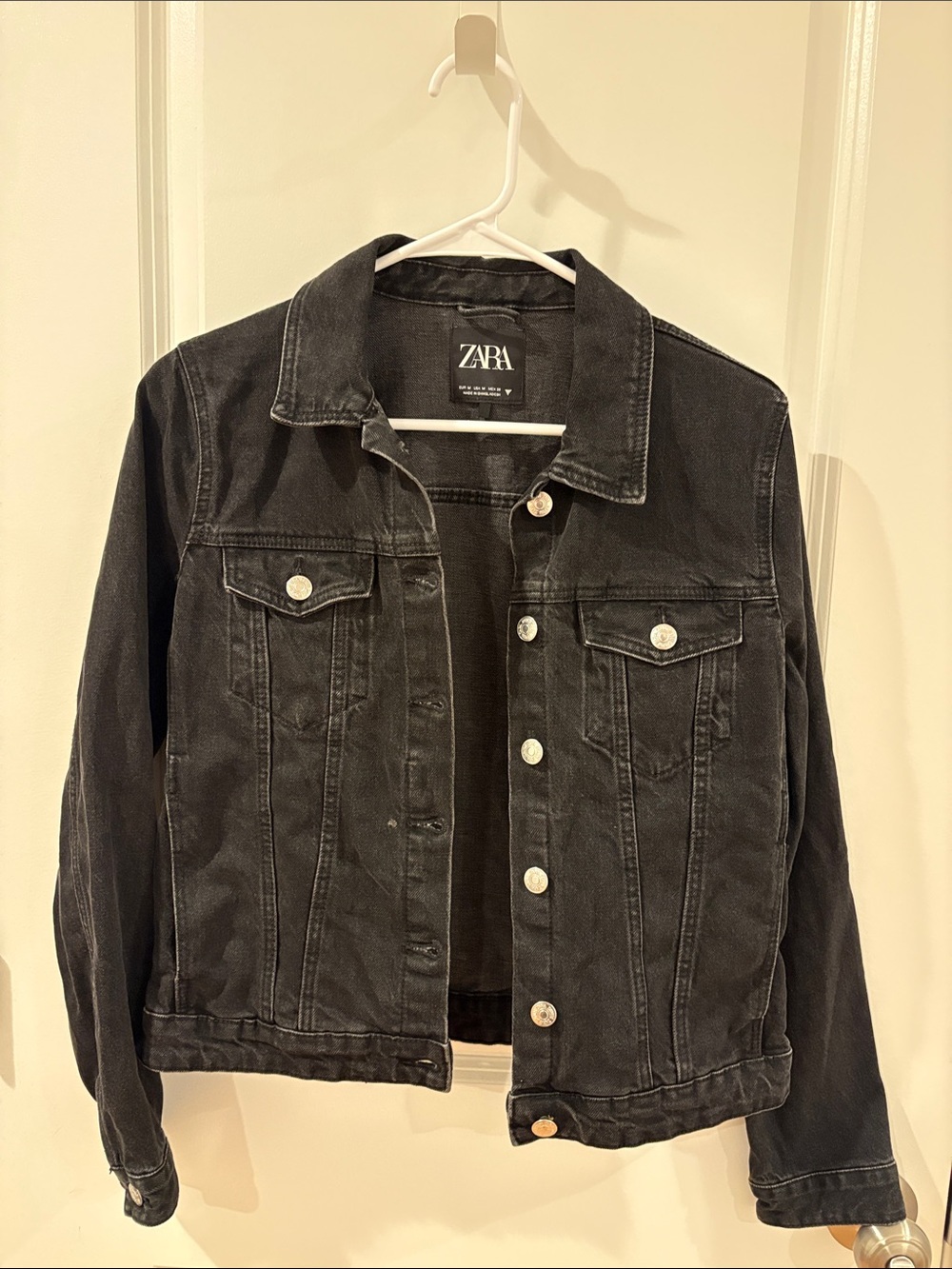 Zara Washed Black Denim Trucker Jacket